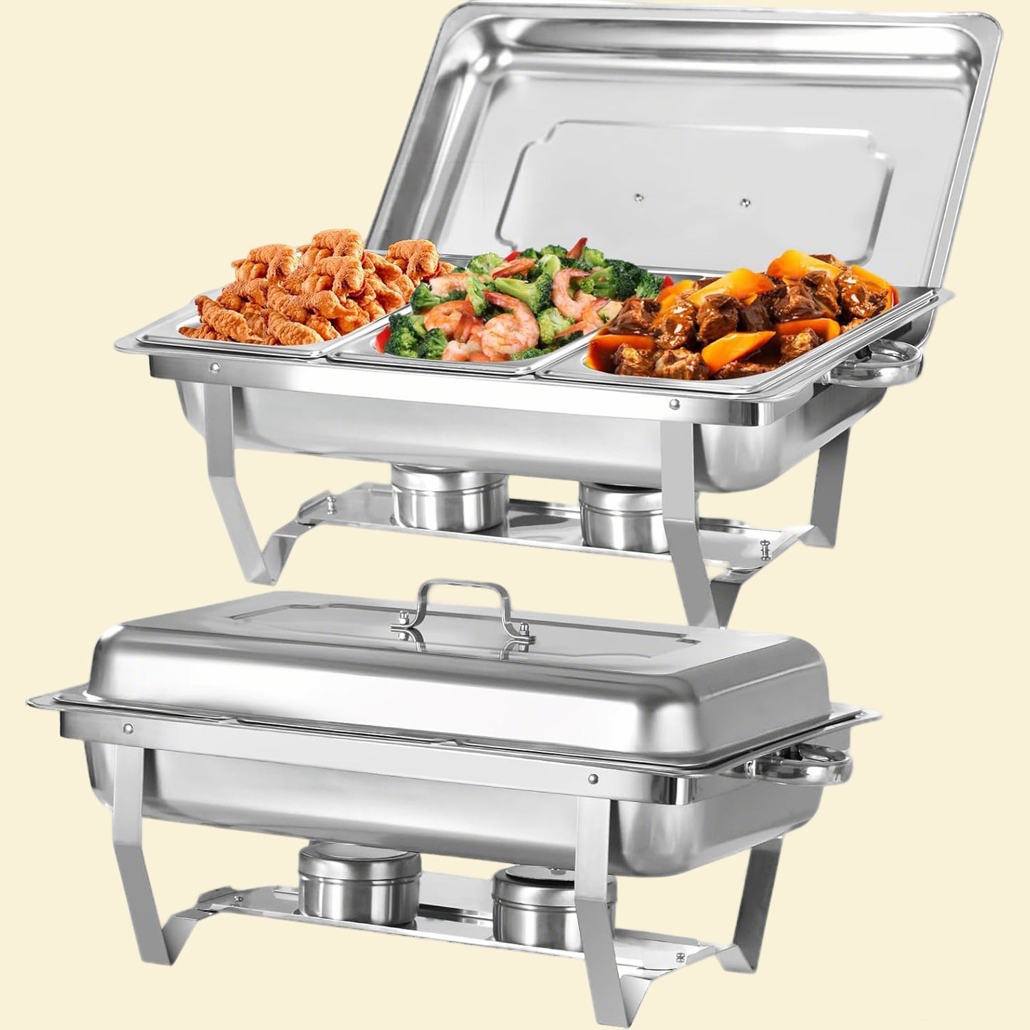 2 Pack 9Qt Chafing Dishes for Buffet, Stainless Chafer 1/3 Size Pans, Rectangle Catering Warmer Server w/Lid Water Pan Folding Stand Fuel Tray Holder, for Catering, Parties...