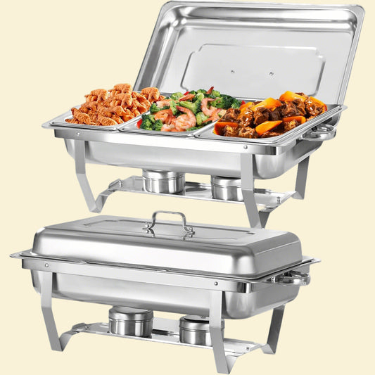 2 Pack 9Qt Chafing Dishes for Buffet, Stainless Chafer 1/3 Size Pans, Rectangle Catering Warmer Server w/Lid Water Pan Folding Stand Fuel Tray Holder, for Catering, Parties...