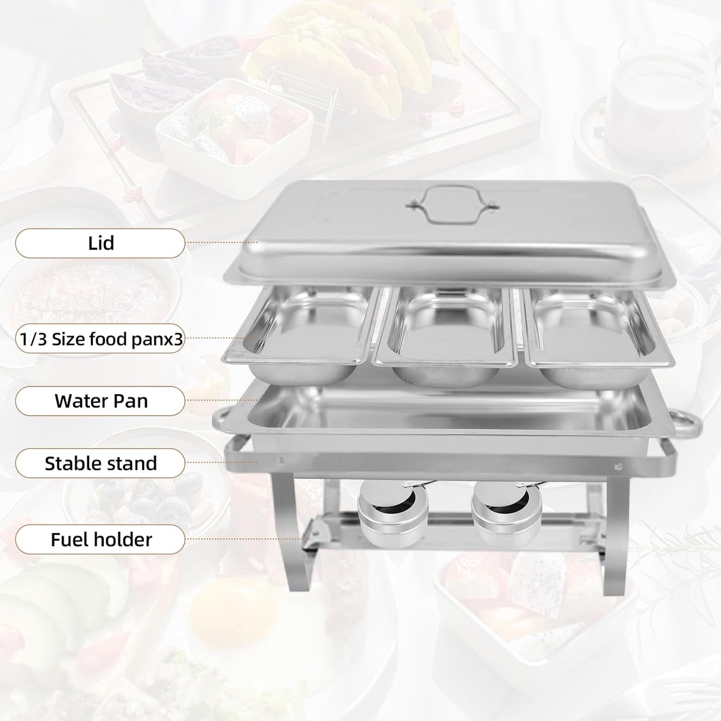 2 Pack 9Qt Chafing Dishes for Buffet, Stainless Chafer 1/3 Size Pans, Rectangle Catering Warmer Server w/Lid Water Pan Folding Stand Fuel Tray Holder, for Catering, Parties...