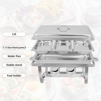2 Pack 9Qt Chafing Dishes for Buffet, Stainless Chafer 1/3 Size Pans, Rectangle Catering Warmer Server w/Lid Water Pan Folding Stand Fuel Tray Holder, for Catering, Parties...