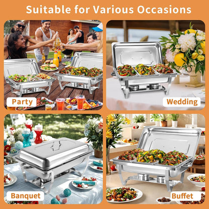 2 Pack 9Qt Chafing Dishes for Buffet, Stainless Chafer 1/3 Size Pans, Rectangle Catering Warmer Server w/Lid Water Pan Folding Stand Fuel Tray Holder, for Catering, Parties...