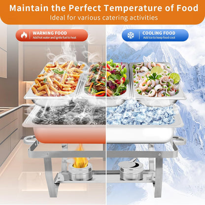 2 Pack 9Qt Chafing Dishes for Buffet, Stainless Chafer 1/3 Size Pans, Rectangle Catering Warmer Server w/Lid Water Pan Folding Stand Fuel Tray Holder, for Catering, Parties...