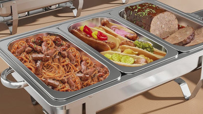 2 Pack 9Qt Chafing Dishes for Buffet, Stainless Chafer 1/3 Size Pans, Rectangle Catering Warmer Server w/Lid Water Pan Folding Stand Fuel Tray Holder, for Catering, Parties...